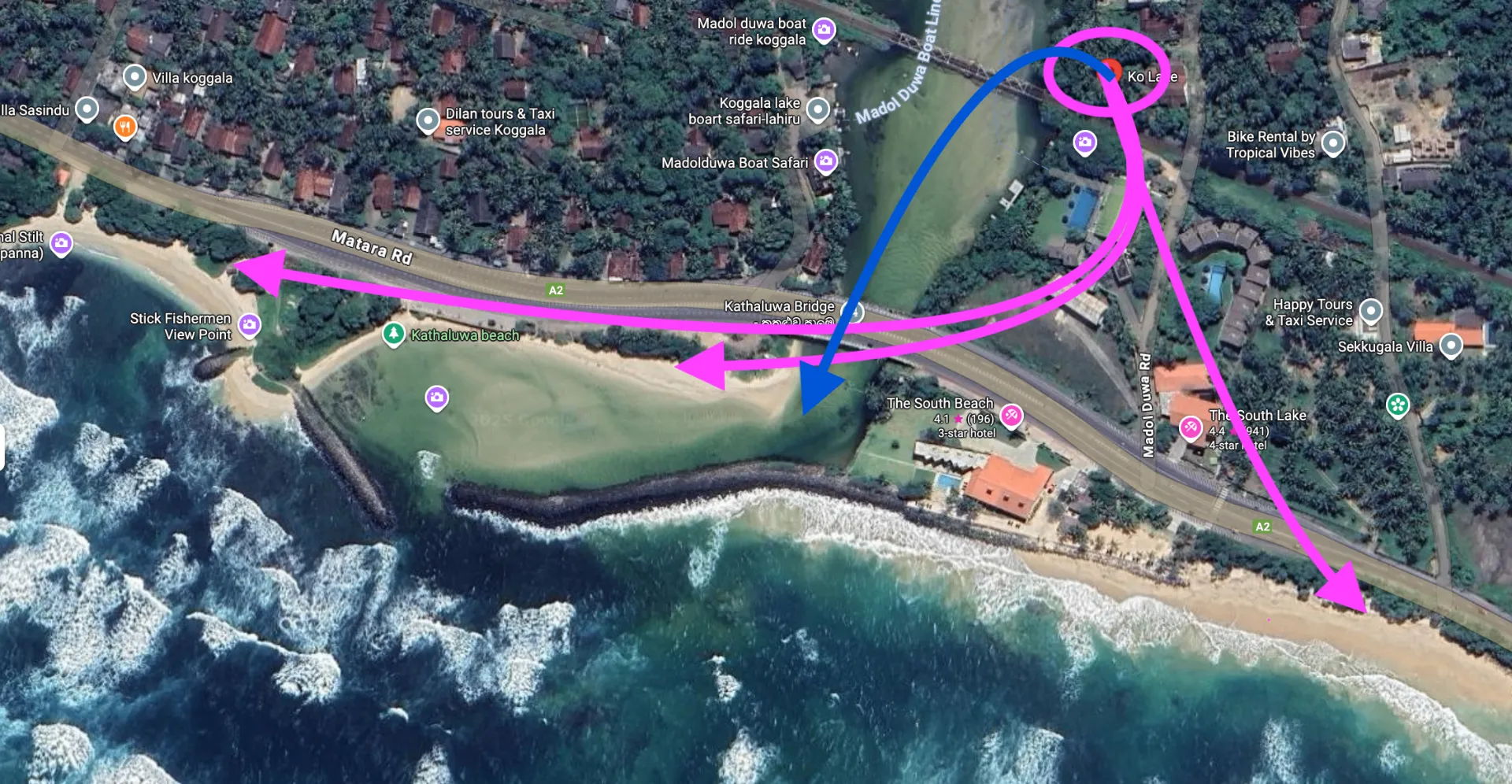 Directions to nearby beaches from Ko Lake Villa via quiet service road