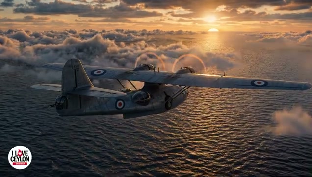 An RAF Catalina flying boat over the sea at sunset